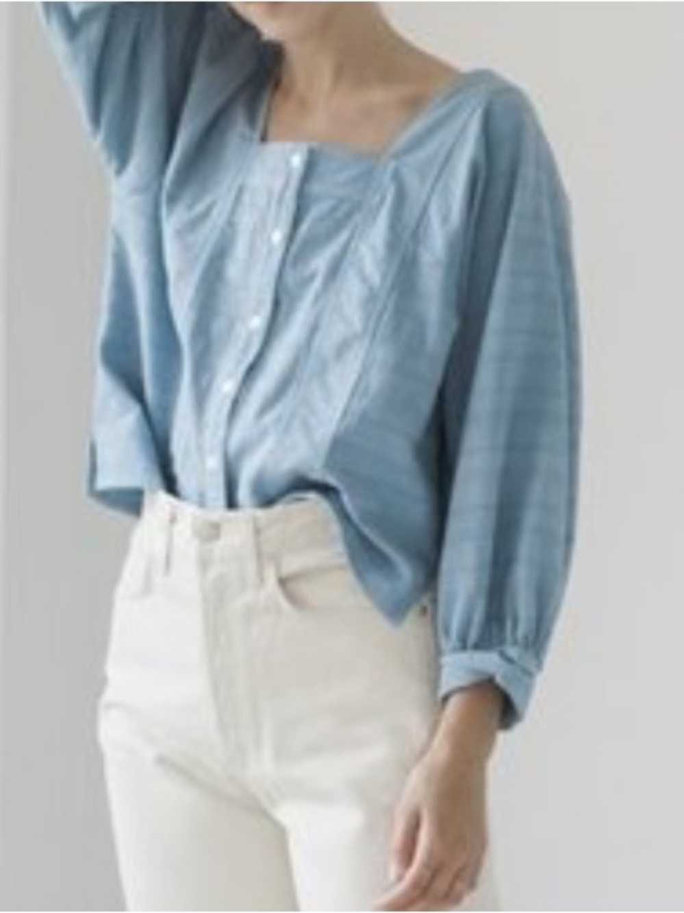 esby Button-Front Square Neck Blouse - Dusty Teal Blue